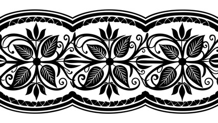 Black and white floral border design with leaves and swirls in a repeating pattern illustration