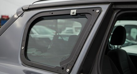 Silver Vehicle Rear Window with Black Frame on Modern Car in Parking Lot
