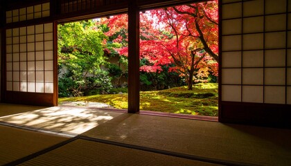 和室 庭園 紅葉 障子 日本家屋 畳 緑 景色 秋 縁側 光 影 自然 美しい 静寂 伝統 和風 寺院 落ち着き 季節