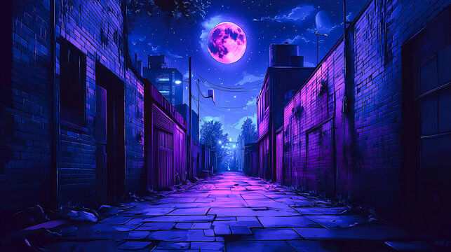 Vector illustration background depicting an alley at night with a cyberpunk theme, evoking the atmosphere of a futuristic urban environment