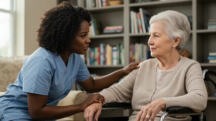 A compassionate caregiver talks with a smiling elderly woman in a wheelchair at home - Powered by Adobe