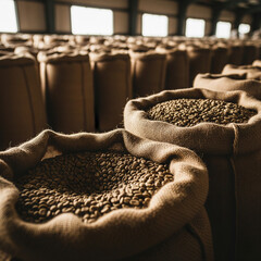 Large burlap sacks filled with raw green coffee beans stored in warehouse, representing coffee supply and export preparation stage.
