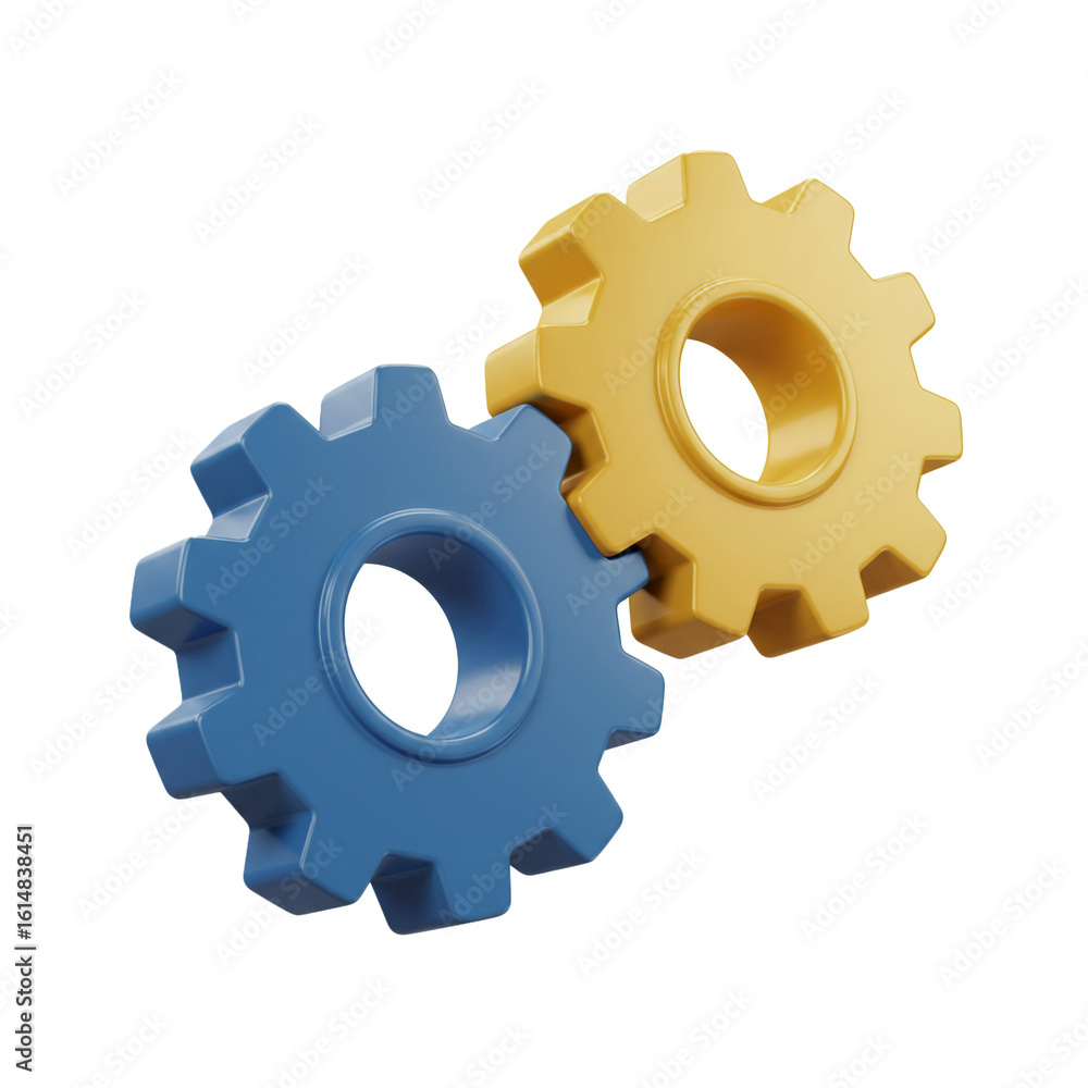 Poster two interlocking gear wheels symbolize teamwork cooperation and the interconnectedness of systems an