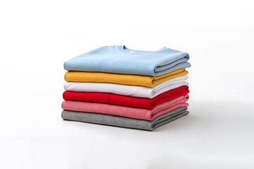 Stack of Folded Colorful T Shirts in Various Shades on White Background