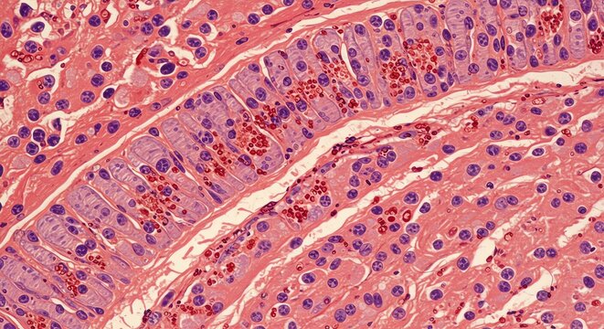 Microscopic View of Human Epithelial Tissue with Cells and Nuclei in Pink and Purple Colors