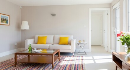 Bright Interior Featuring a Comfortable White Sofa with Yellow Pillows, a Wooden Coffee Table, and Natural Light Streaming Through the Windows