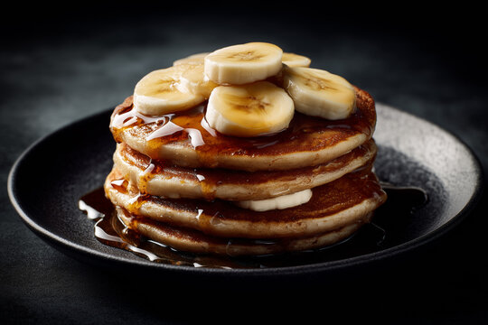 Stack of banana pancakes with syrup on dark background