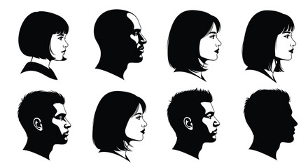 Profile portraits of diverse men and women in black and white Keywords: profile, portraits, men