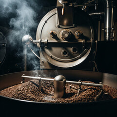 Large drum roaster cooling freshly roasted coffee beans with visible steam, used in industrial coffee production and flavor development.
