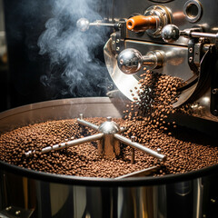 Freshly roasted coffee beans cooling in a large metal drum roaster with visible steam, used in commercial coffee production process.
