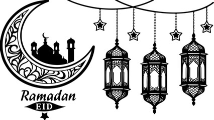Black and white ramadan eid illustration with mosque, moon, stars, and hanging lanterns design art © Ijaz