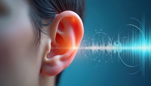 Close-up of human ear receiving sound waves visualized as audio equalizer. Explores themes of hearing, listening, sound perception, audio, hearing loss, tinnitus, and aids for deaf impairment.