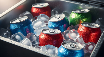 Ice chilled aluminum cans of beer or soda lined up in a fridge. Banner template for recyclable product ads in stores and bars featuring room for copyspace.