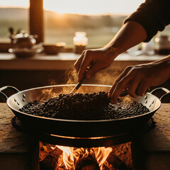 Person manually stirring coffee beans in a pan over a wood flame, traditional roasting method in warm rustic morning light.
