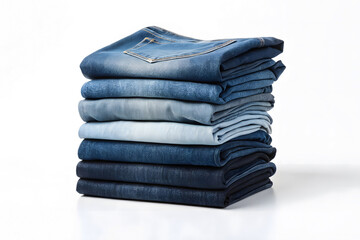 Stack of Folded Blue Denim Jeans in Various Shades on White Background