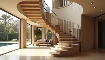 Obraz premium Spiral staircase with stone steps, bronze railings airy interior of modern villa. Large windows offer views of plants, swimming pool. Design combines natural materials, elegant metalwork for