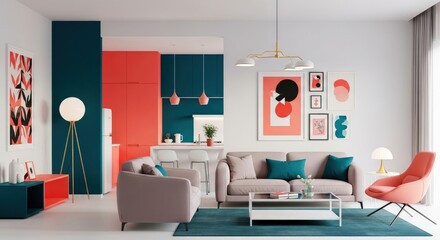 Bright Modern Interior Featuring Stylish Furniture, Colorful Accents, and Contemporary Art in a Well-Lit Open Space