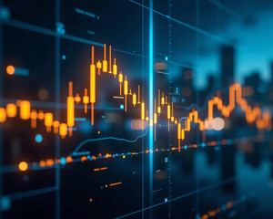 Futuristic financial data graph glowing on digital screen interface with abstract city lights background, ideal for finance technology, stock analytics, cryptocurrency, and smart data concept visuals