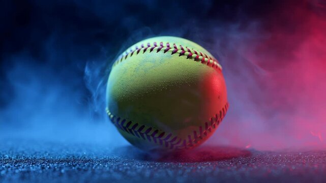 Bright yellow softball rolling on a textured surface, surrounded by colorful smoke in blue and red hues, capturing the dynamic energy and excitement of the sport in a visually striking composition