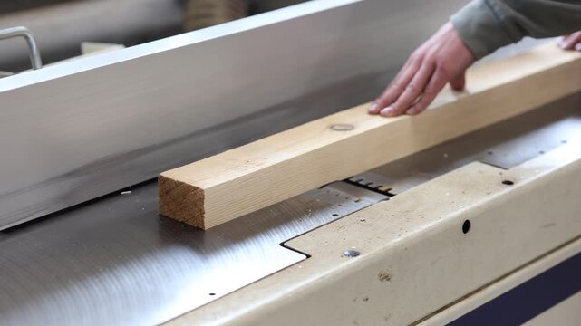 A close-up of a craftsman&rsquo;s hands guiding a wooden board through an industrial planer to smooth and level the surface with accuracy and skill