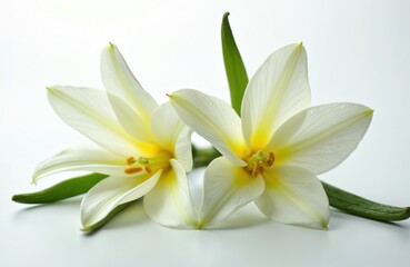 Two white vanilla orchids bloom with yellow centers, isolated on clean white background. Delicate petals show intricate lines. Vanilla pods, green leaves add natural beauty. Flowers key ingredient