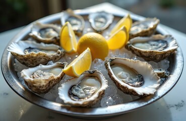 Freshly shucked oysters arranged on silver platter with ice, lemon slices. Luxurious seafood presentation perfect for elegant dining, celebrations, culinary experiences. Offers delicious, healthy,