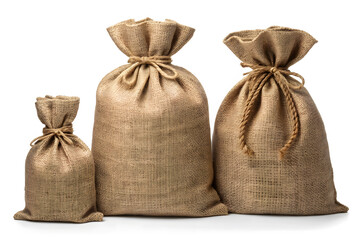 Three Burlap Sacks in Different Sizes on White Background