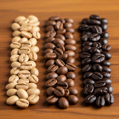 Three rows of coffee beans showing light, medium, and dark roast stages on a wooden surface, illustrating roasting differences and texture.
