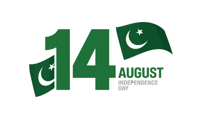 Pakistan Independence Day Design with Twin Flags and Bold 14 August Typography, Crescent-Star Emblem, Patriotic Green Celebration Poster