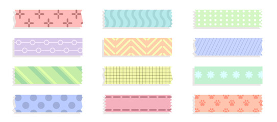 Colorful scrapbook tape set with cute patterns - geometric shapes, flowers with dots, paw prints, waves and stripes. Cute washi strips for journaling, planner decoration © klyaksun