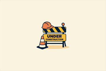 Vector illustration showing a yellow and black "Under Construction" sign with a white hard hat placed on top and an orange traffic cone beside it.