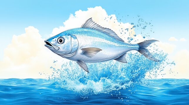 Artistic illustration of a silver pompano fish leaping out of vibrant blue waters, splash captured mid-air, stylized waves and sky in soft brushstroke detail.