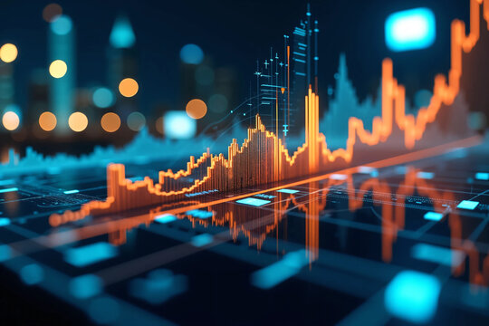 Futuristic financial data graph glowing on digital screen interface with abstract city lights background, ideal for finance technology, stock analytics, cryptocurrency, and smart data concept visuals - Powered by Adobe