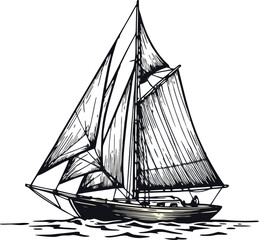 Stylized Black and White Sailboat Illustration Nautical Vessel on Water Graphic Design Element
