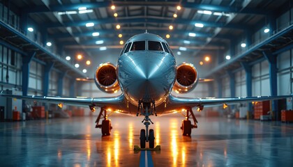 Private jet sits inside modern hangar undergoing maintenance. Sleek aircraft fuselage, twin engines, landing gear visible. Warm hangar lights reflect on polished metal, creating sleek, high-tech