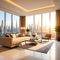 Modern penthouse living room with city view