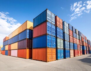 Colorful shipping containers stacked high in a sunny outdoor storage yard