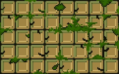 Grungy 8-bit pixel art background featuring a seamless pattern of weathered,  ruined brick,moss-covered brick tiles. Ideal for retro game environments, digital art, game asset, background, wallpaper. 