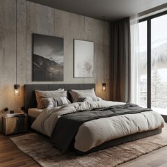 Scandinavian interior design for a modern bedroom, featuring a bed with a wooden headboard and a bedside cabinet against a grey wall with copy space, Generative AI