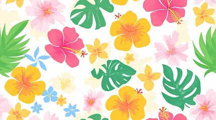 Obraz premium Bright and cheerful flat design vector seamless pattern with tropical Hawaiian flowers and foliage, creating a lively island-inspired floral background.