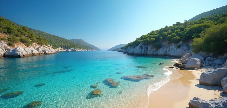 Livadi beach on Ikaria island, Greece, features crystal clear turquoise waters, green hills. Sandy shore with smooth rocks, gentle waves create peaceful scenery. Idyllic Mediterranean destination for
