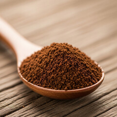 Finely ground coffee resting on a wooden spoon with a textured wood surface background, emphasizing its freshness and earthy tone.
