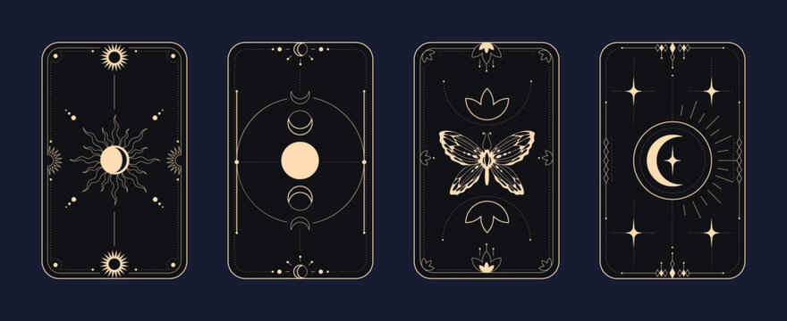 Gold mystical tarot card frames on dark background - celestial designs with sun, moon phases, butterfly and stars. Elegant esoteric borders with sacred geometry for divination or spiritual oracle card