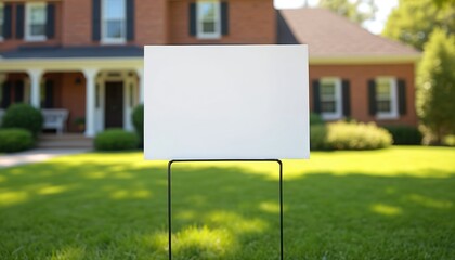 Blank white yard sign stands on green lawn before brick house. Sign ready for custom text. Real estate sale advertisement, house for sale, realtor sign. Property listing outdoor.