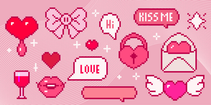 Pink pixel art Valentine collection with hearts, love letters and romantic messages - retro 8 bit style wings, envelopes, wine glass on wavy striped bg. Digital nostalgia design for gaming aesthetics.