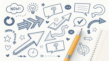 Doodle art featuring arrows speech bubbles lightbulb and other symbols with a yellow pen nearby