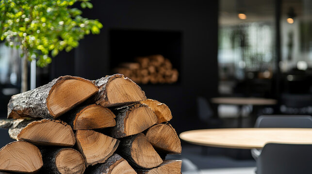 Stacked firewood near a blurred cafe interior