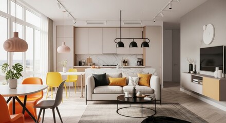Bright Interior Featuring a Comfortable Sofa, Modern Kitchen, and Stylish Furniture for Relaxed Living and Entertaining in a Contemporary Home