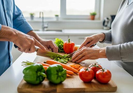 Senior Couple Cooking Healthy Meal Together Kitchen Food Preparation Lifestyle - Powered by Adobe