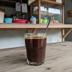 Glass of traditional black coffee with visible grounds at the bottom, served at a simple food stall with rustic surroundings.
